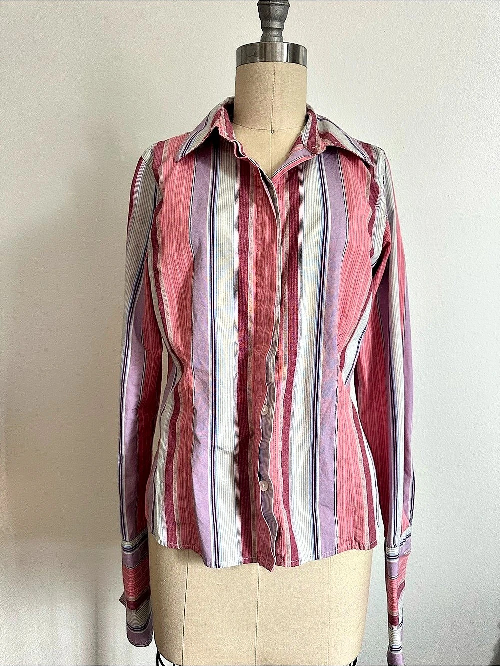 Vintage Geoffrey Beene Striped Cotton Button Down in Pink Size 4 Like New